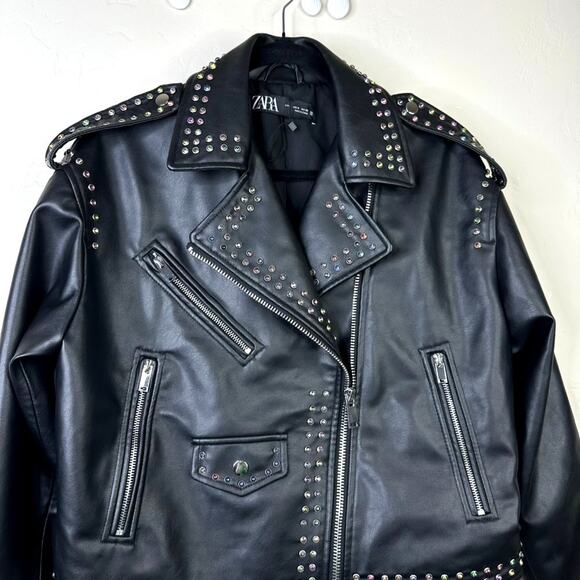 ZARA NWOT Black Faux Leather Rainbow Studded Rhinestone Biker Moto Jacket Medium - Picture 12 of 15